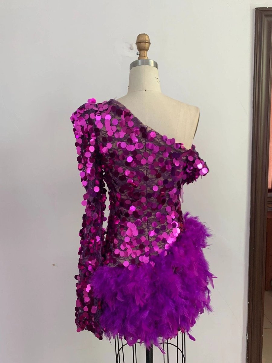 Purple Sequined Feather Skirt One-Shoulder Dress