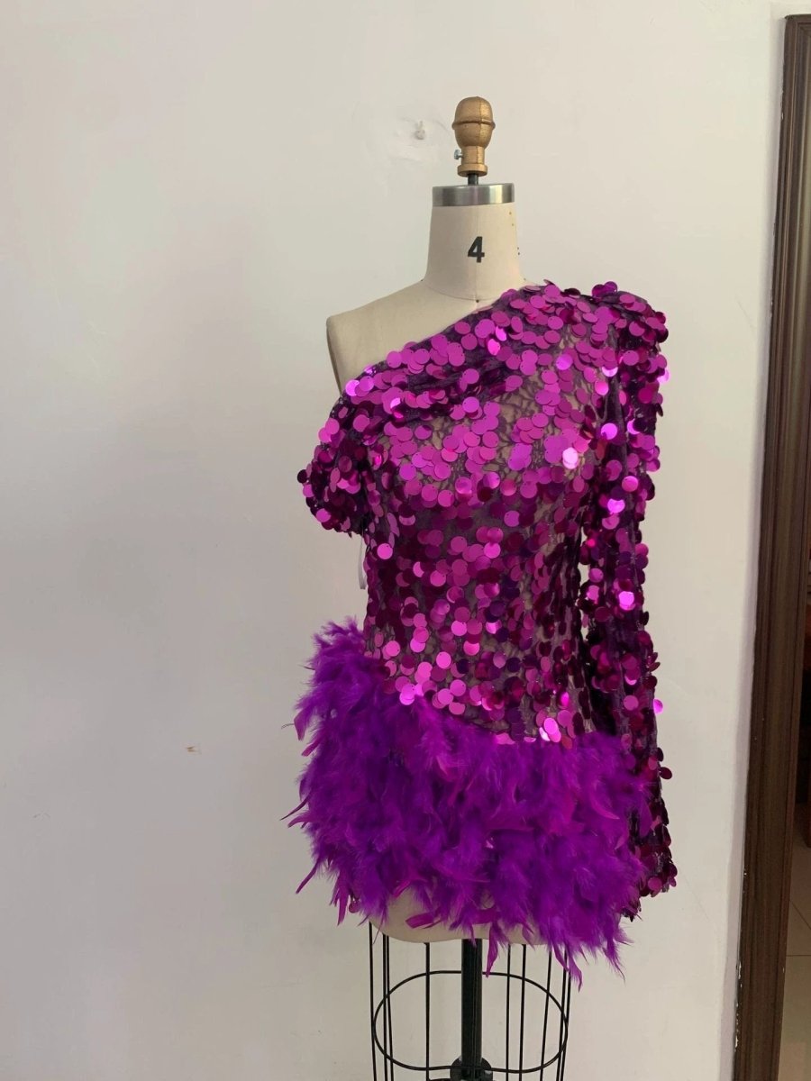 Purple Sequined Feather Skirt One-Shoulder Dress