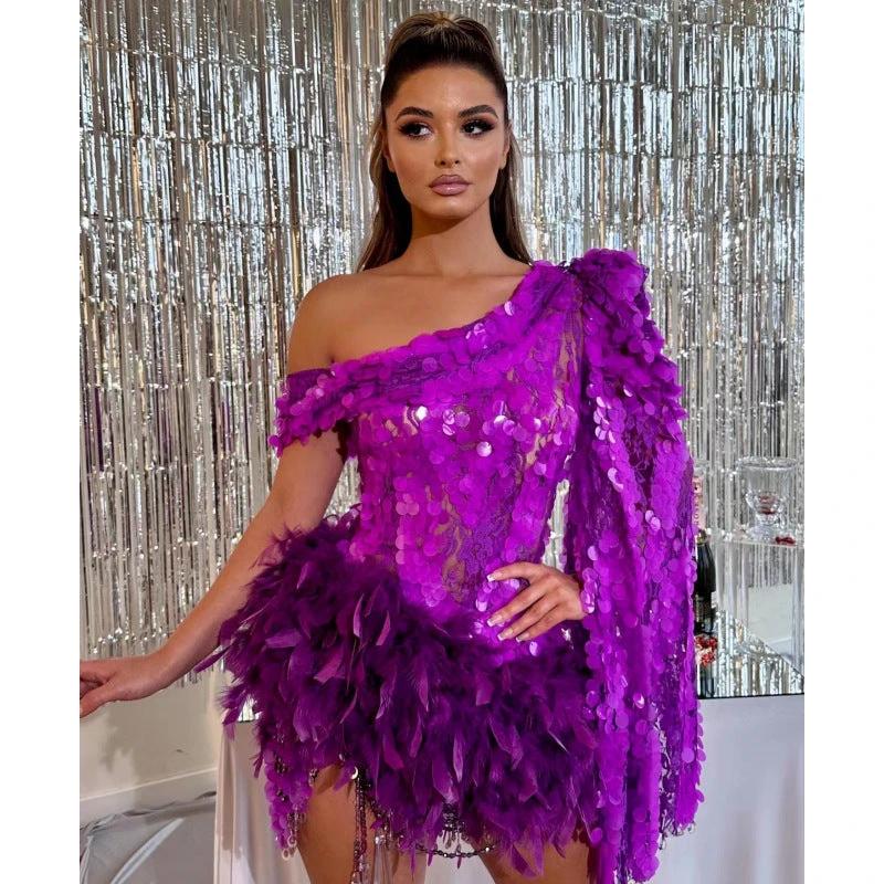 Purple Sequined Feather Skirt One-Shoulder Dress