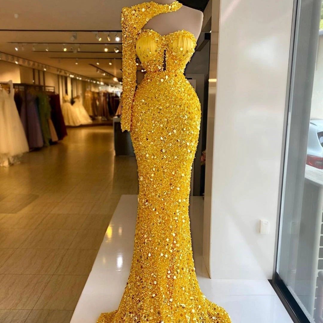Sequined Pear Dress with Asymmetric Single Sleeve