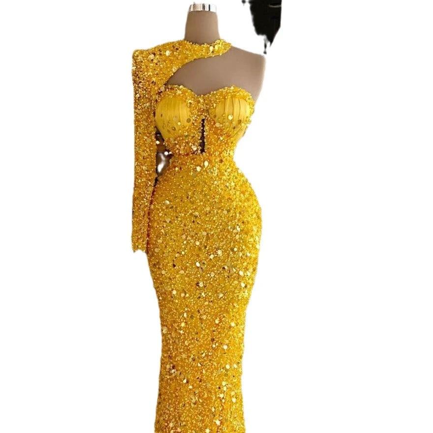 Sequined Pear Dress with Asymmetric Single Sleeve