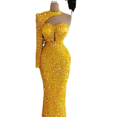 Vestido de Perlas con Lentejuelas y Manga Asimétrica
