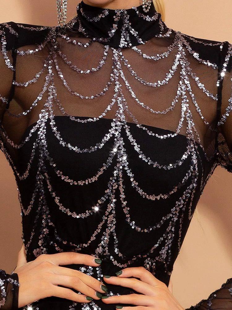Robe Maxi Élégante en Sequins avec Manches Longues pour Occasions Spéciales