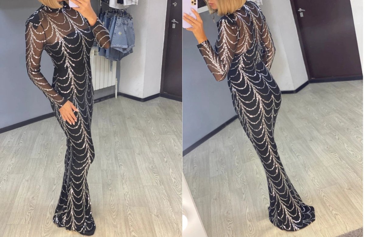 Robe Maxi Élégante en Sequins avec Manches Longues pour Occasions Spéciales