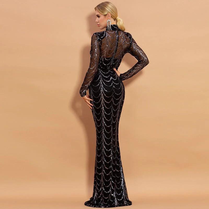 Robe Maxi Élégante en Sequins avec Manches Longues pour Occasions Spéciales