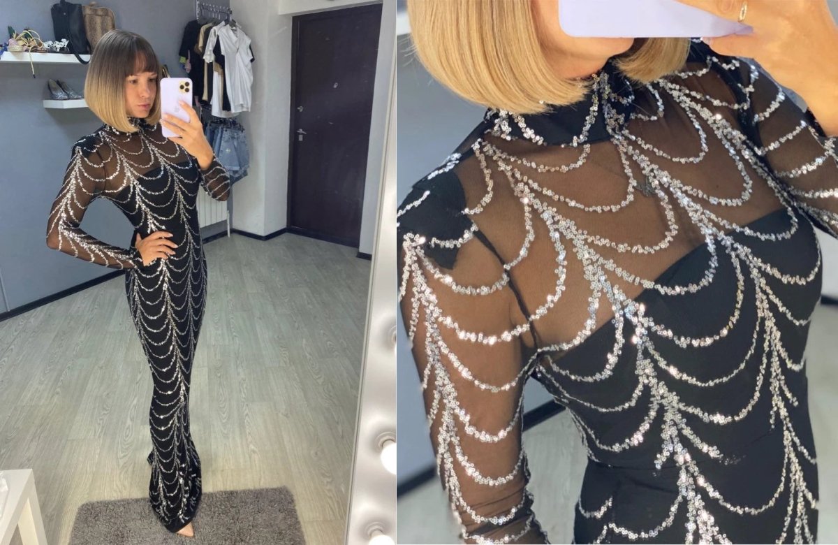 Robe Maxi Élégante en Sequins avec Manches Longues pour Occasions Spéciales
