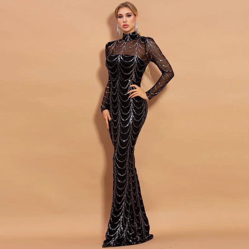 Robe Maxi Élégante en Sequins avec Manches Longues pour Occasions Spéciales