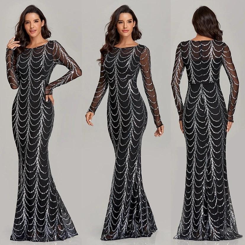Robe Maxi Élégante en Sequins avec Manches Longues pour Occasions Spéciales