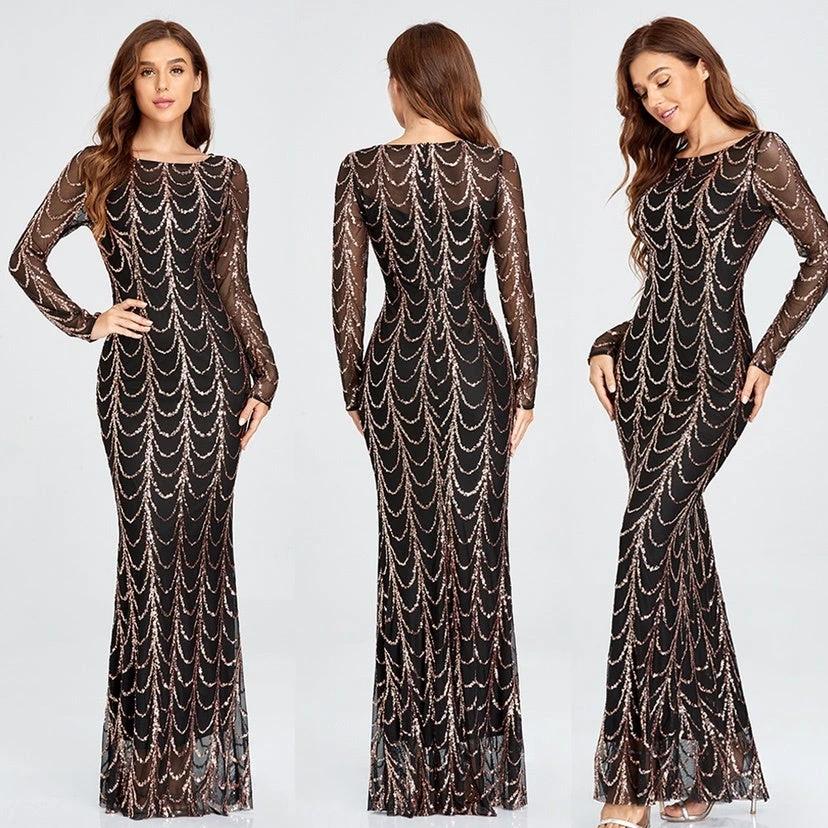 Robe Maxi Élégante en Sequins avec Manches Longues pour Occasions Spéciales