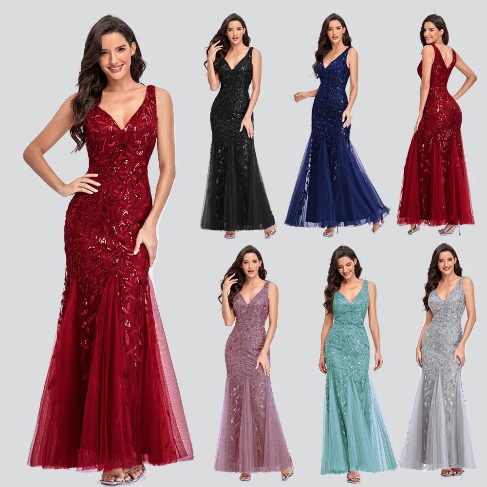Elegant Sleeveless V-Neck Mermaid Dress with Embroidery
