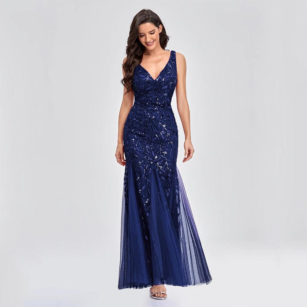 Elegant Sleeveless V-Neck Mermaid Dress with Embroidery