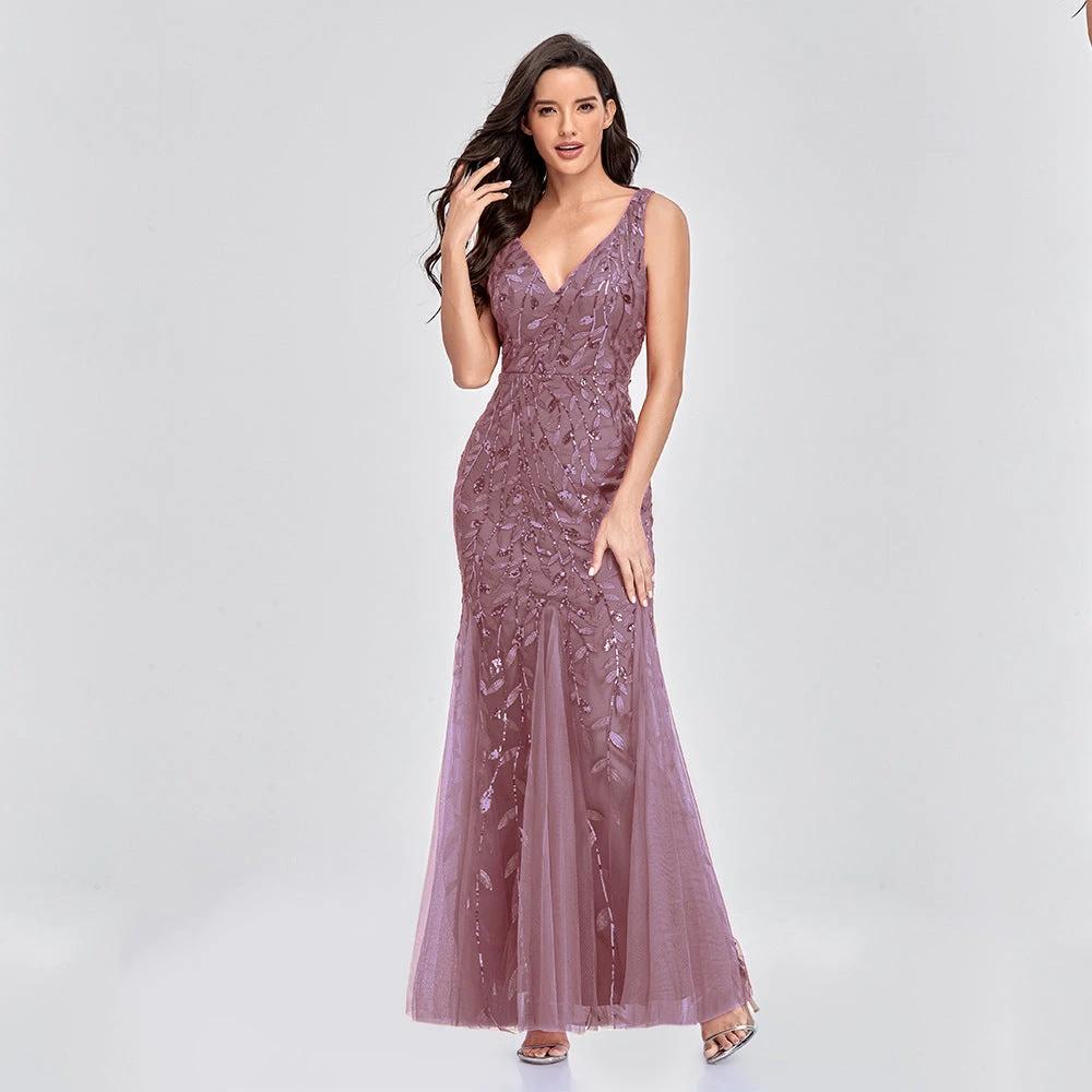 Elegant Sleeveless V-Neck Mermaid Dress with Embroidery