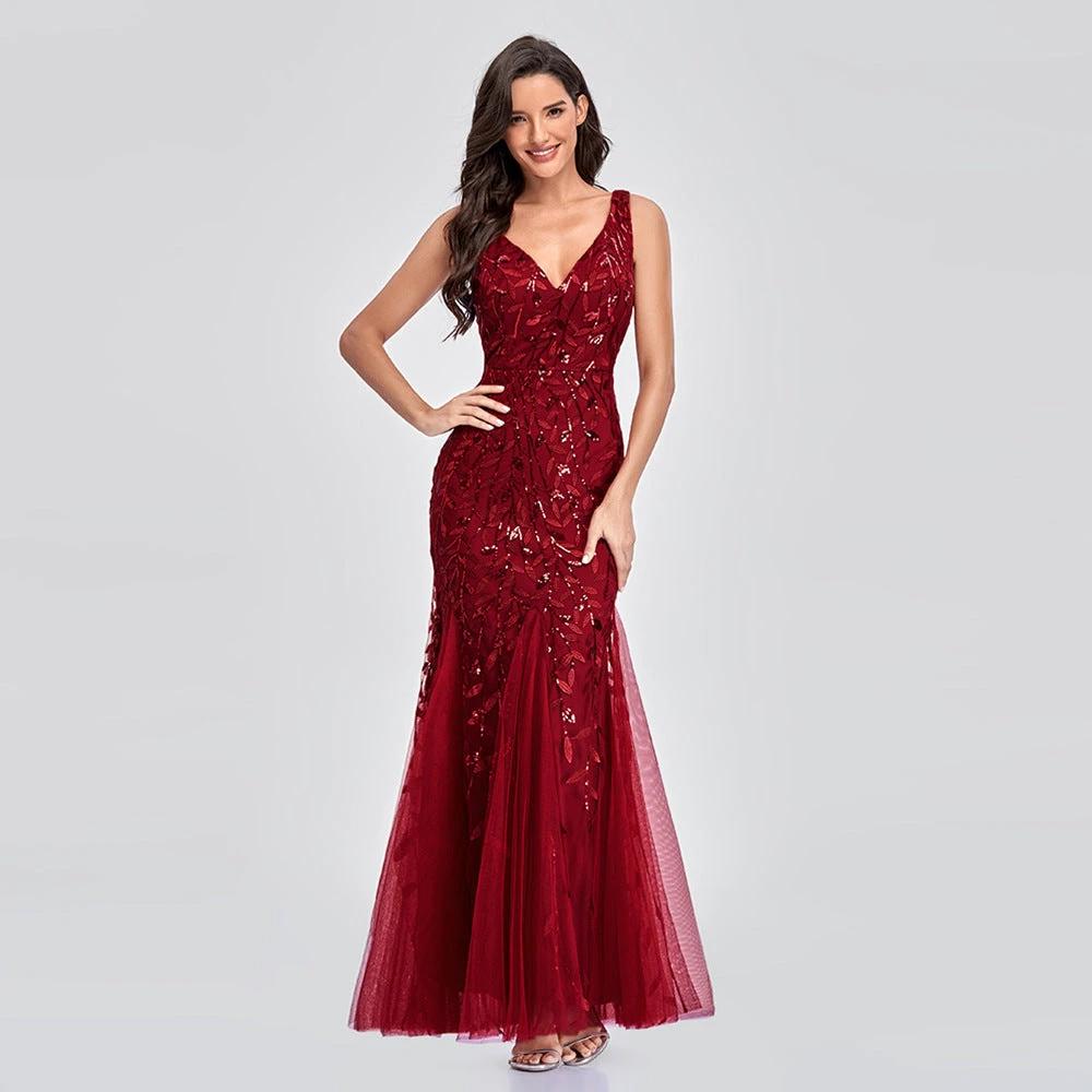 Elegant Sleeveless V-Neck Mermaid Dress with Embroidery