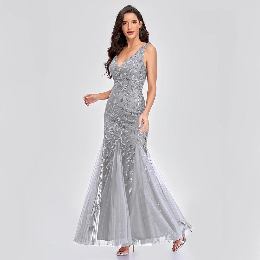 Elegant Sleeveless V-Neck Mermaid Dress with Embroidery