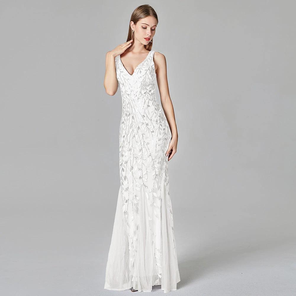 Elegant Sleeveless V-Neck Mermaid Dress with Embroidery