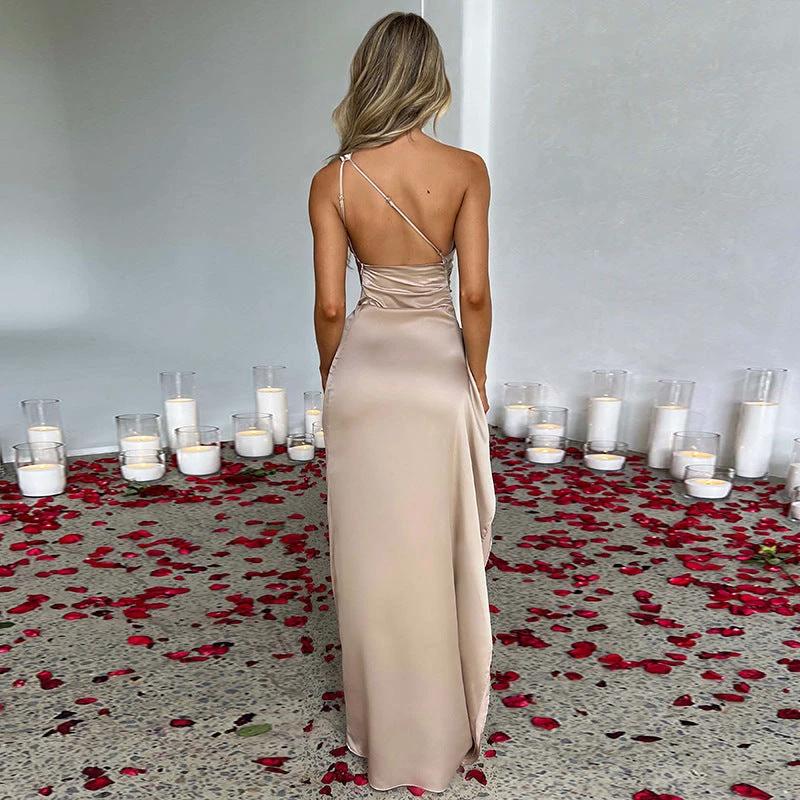Vestido Elegante de Una Sola Manga Sin Espalda con Corte Lateral para Mujeres