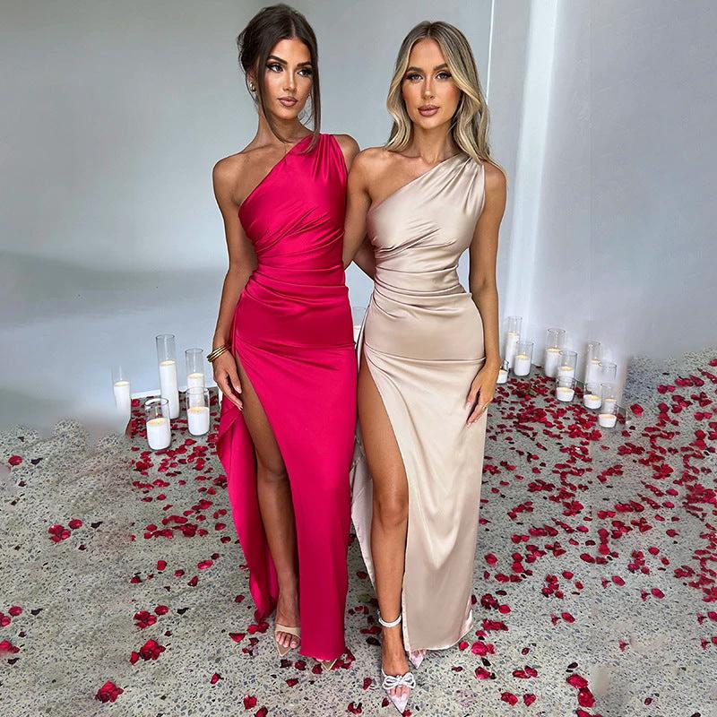 Vestido Elegante de Una Sola Manga Sin Espalda con Corte Lateral para Mujeres