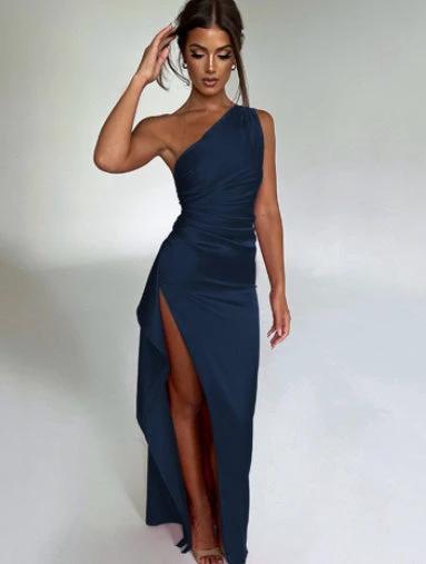 Vestido Elegante de Una Sola Manga Sin Espalda con Corte Lateral para Mujeres