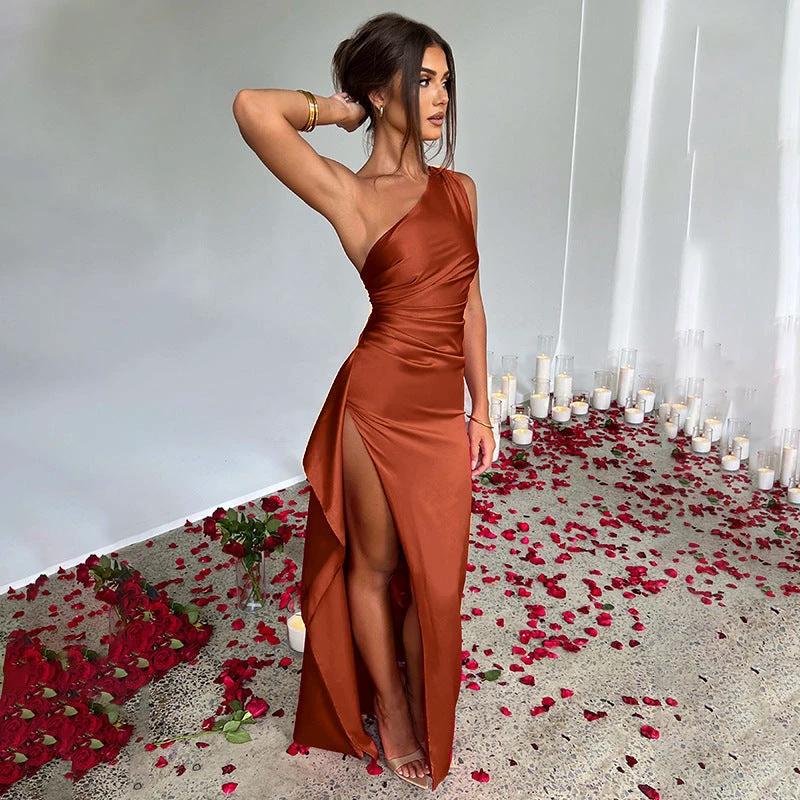 Vestido Elegante de Una Sola Manga Sin Espalda con Corte Lateral para Mujeres