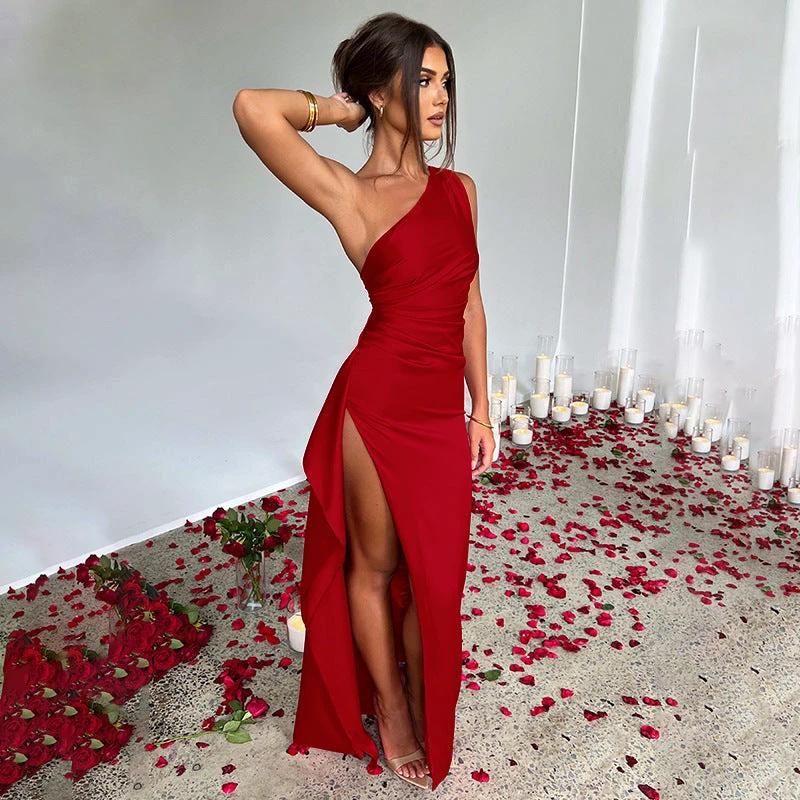Vestido Elegante de Una Sola Manga Sin Espalda con Corte Lateral para Mujeres