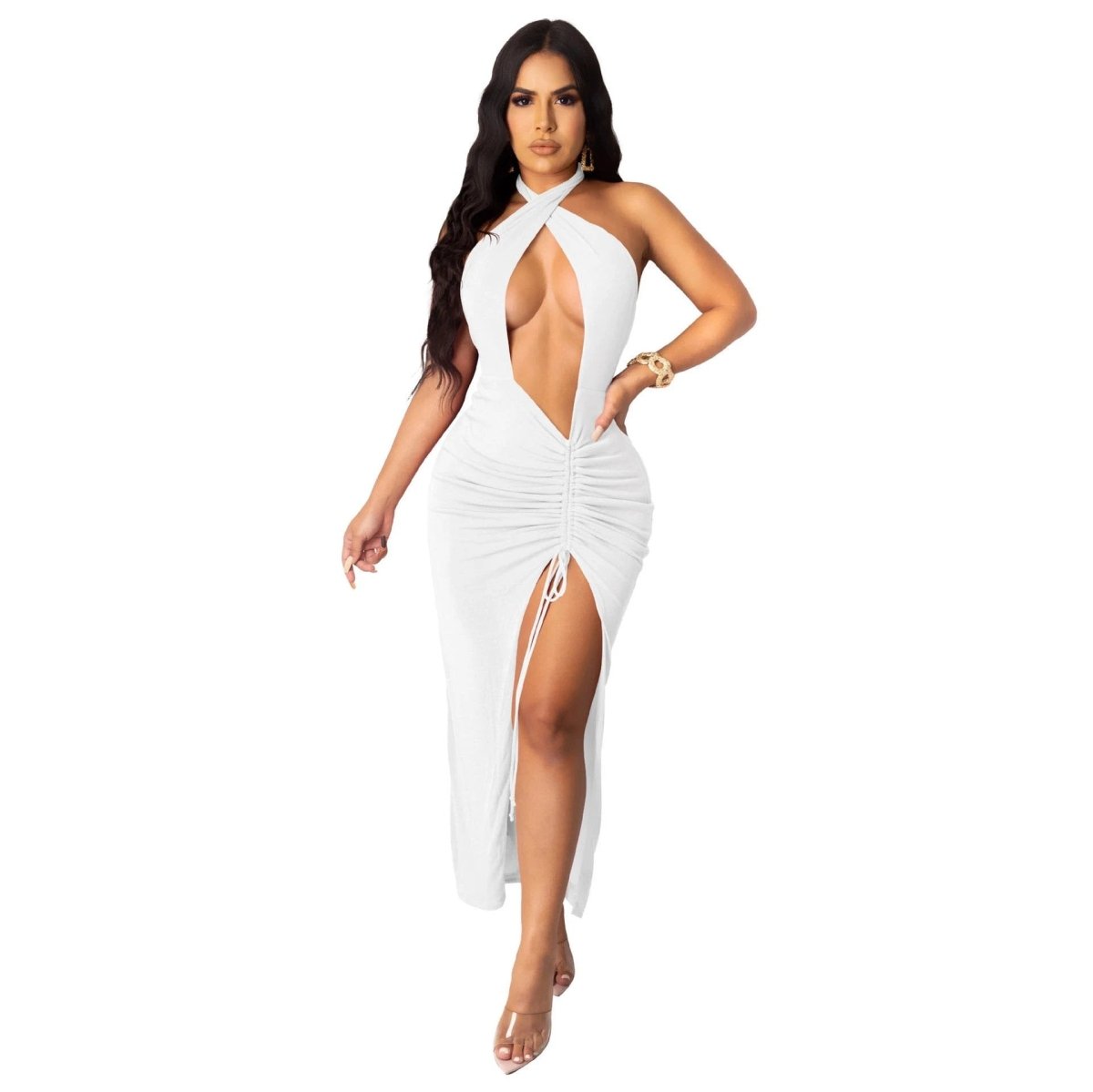 Vestido Elegante con Pliegues y Alta Abertura