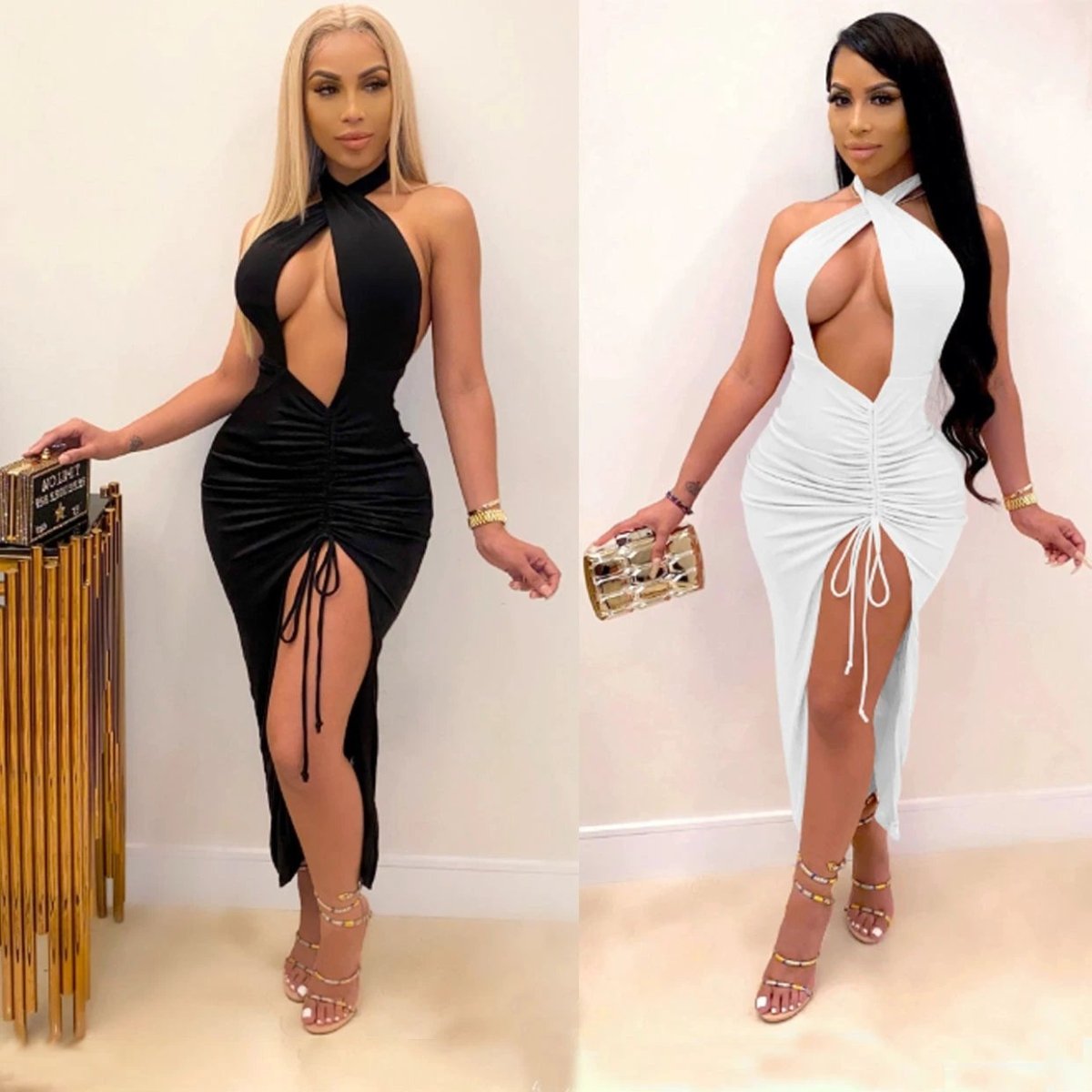 Vestido Elegante con Pliegues y Alta Abertura