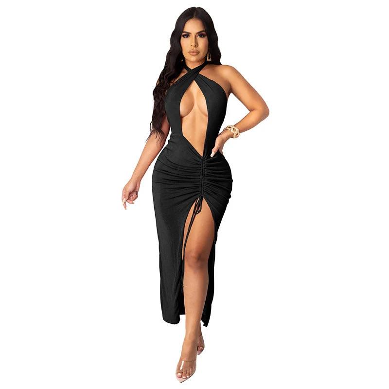 Vestido Elegante con Pliegues y Alta Abertura