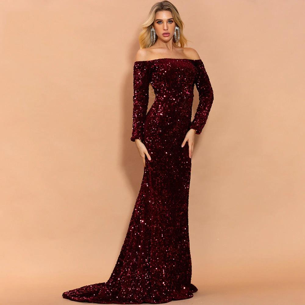 Vestido de Noche Elegante Sin Tirantes con Mangas Largas y Lentejuelas
