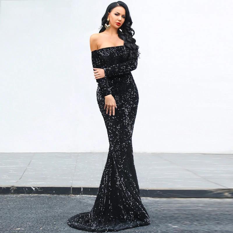 Vestido de Noche Elegante Sin Tirantes con Mangas Largas y Lentejuelas