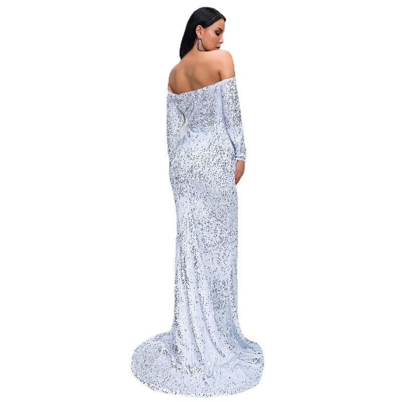 Vestido de Noche Elegante Sin Tirantes con Mangas Largas y Lentejuelas
