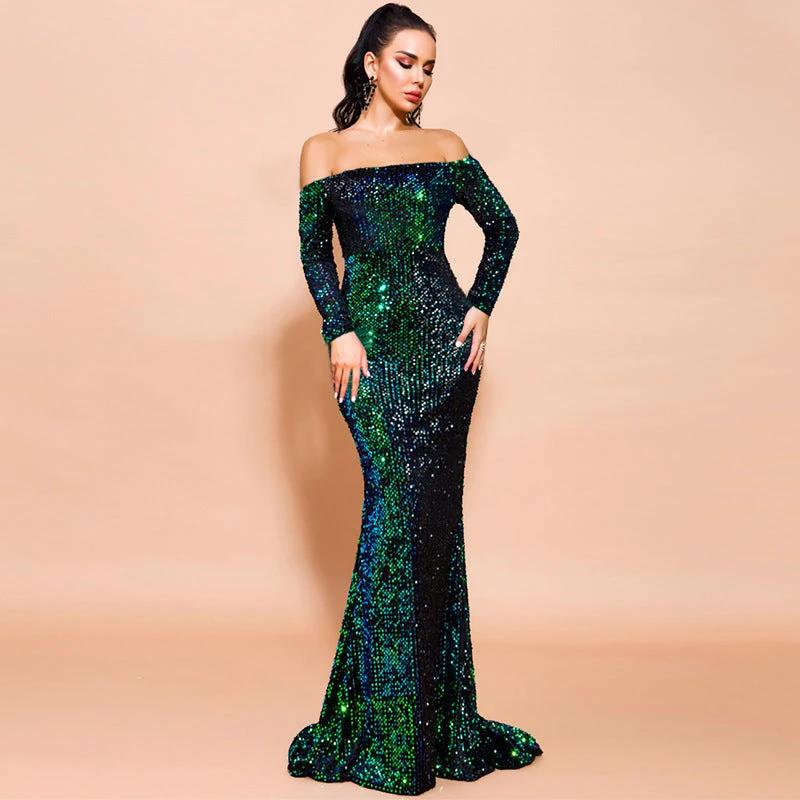 Vestido de Noche Elegante Sin Tirantes con Mangas Largas y Lentejuelas