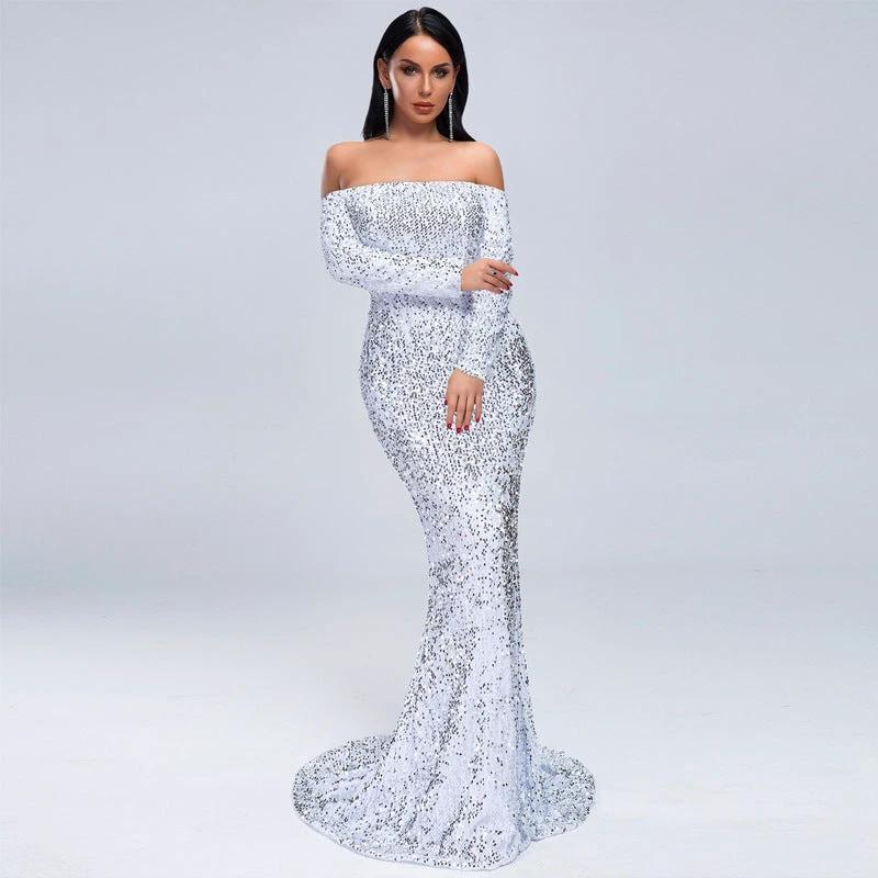 Vestido de Noche Elegante Sin Tirantes con Mangas Largas y Lentejuelas