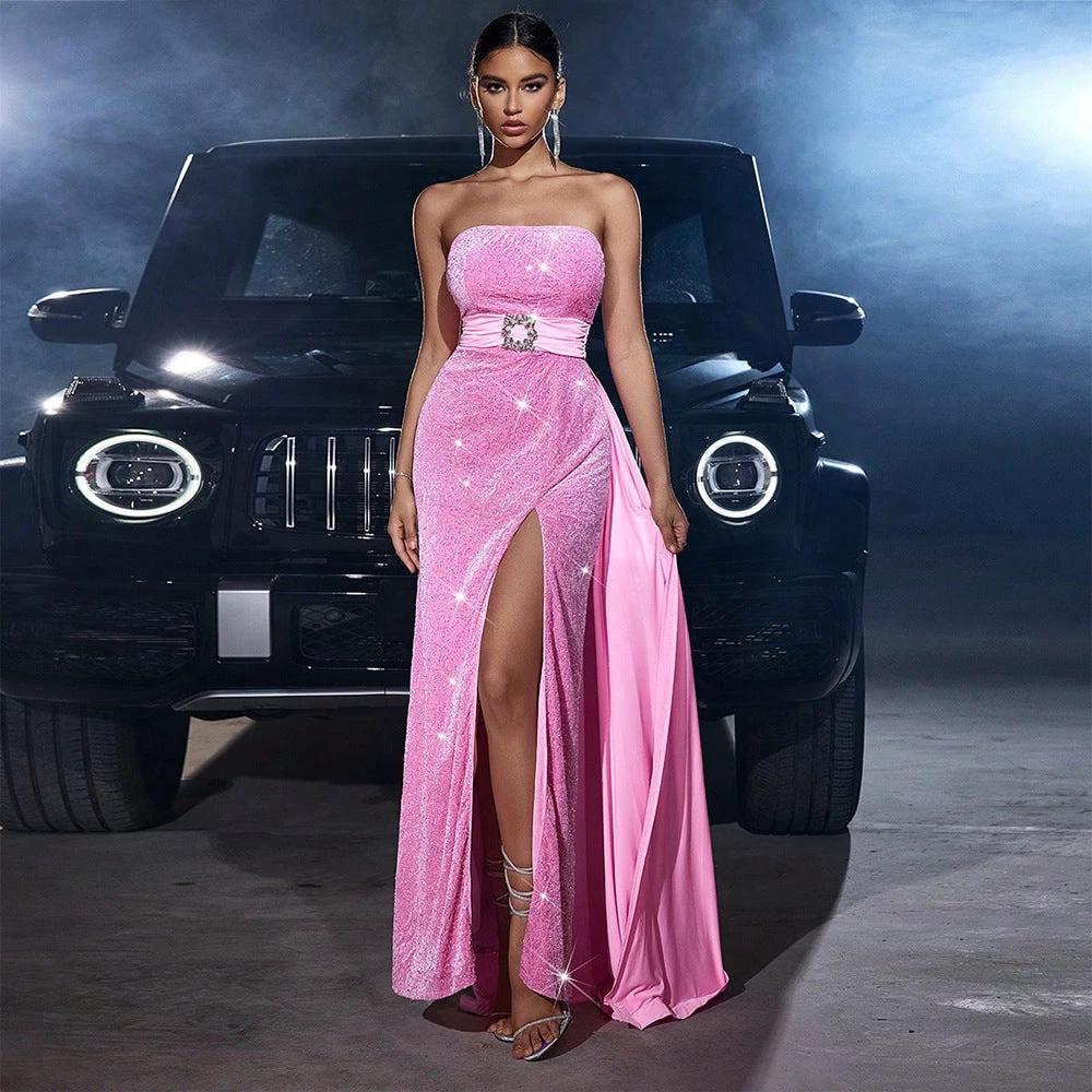 Velvet Sequined Cinched Waist Slim-fit Tube Top Dress