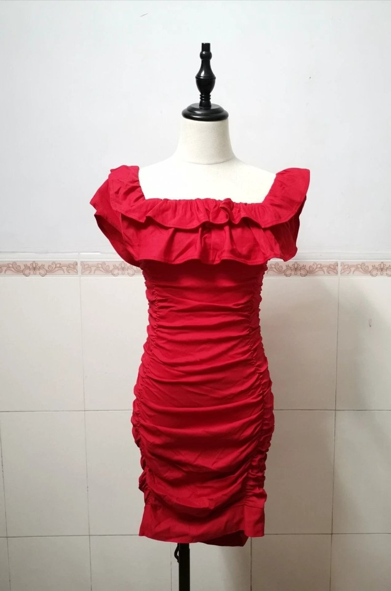 Women Black Off Shoulder Ruched Layered Ruffles Dress