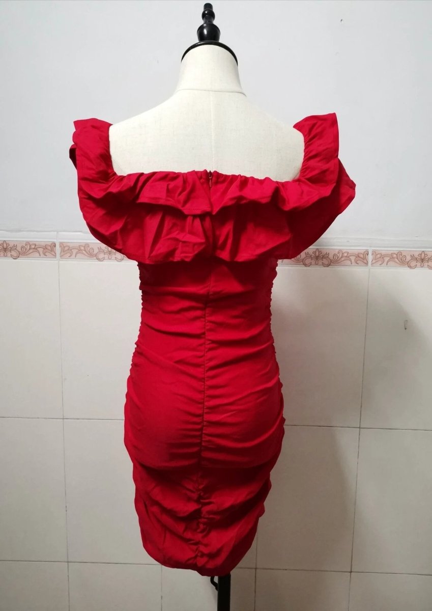Women Black Off Shoulder Ruched Layered Ruffles Dress