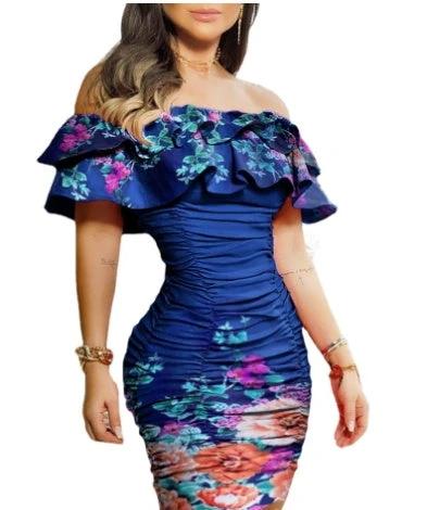 Women Black Off Shoulder Ruched Layered Ruffles Dress