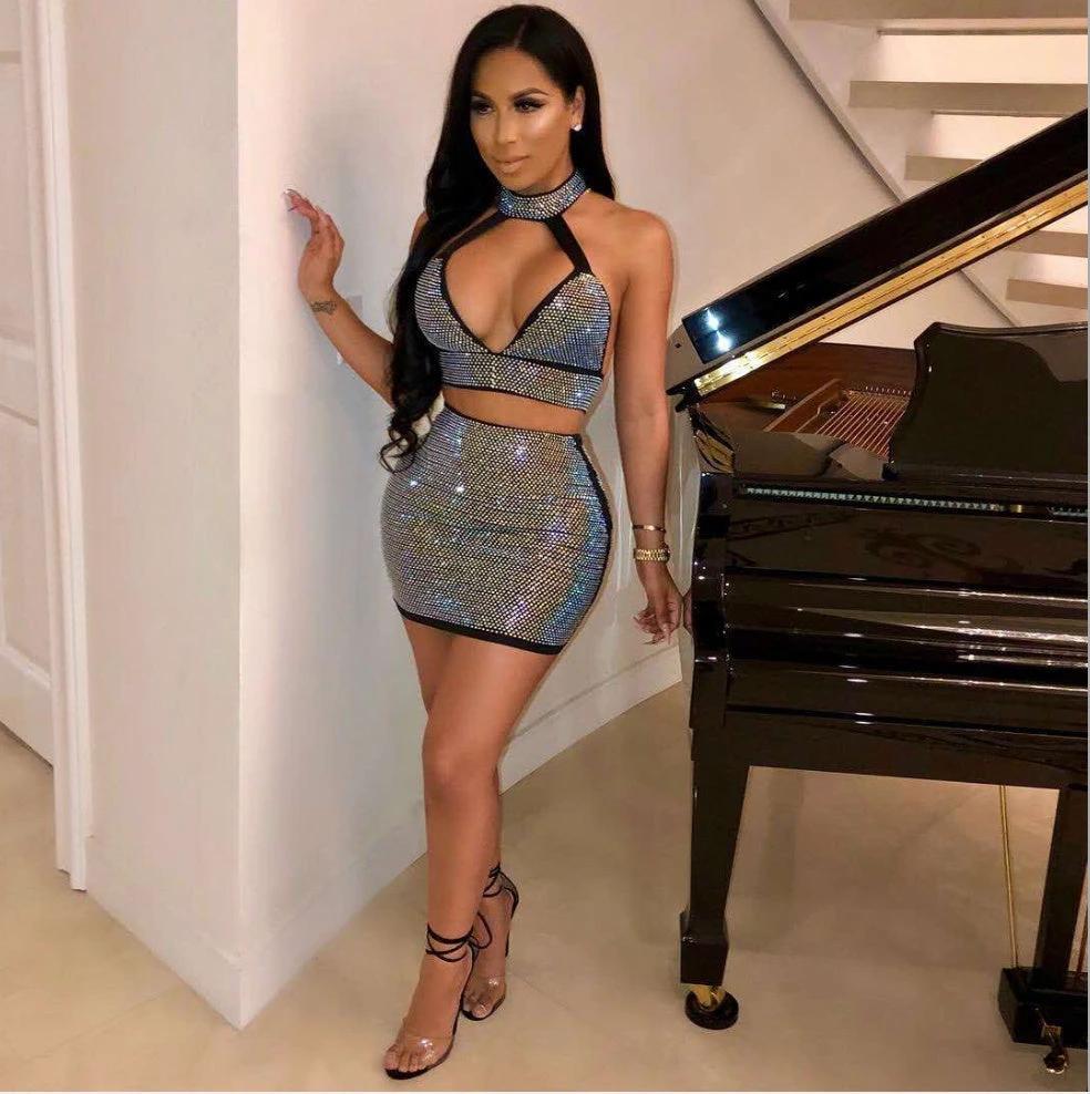 Conjunto de vestido de dos piezas con diamantes para mujeres