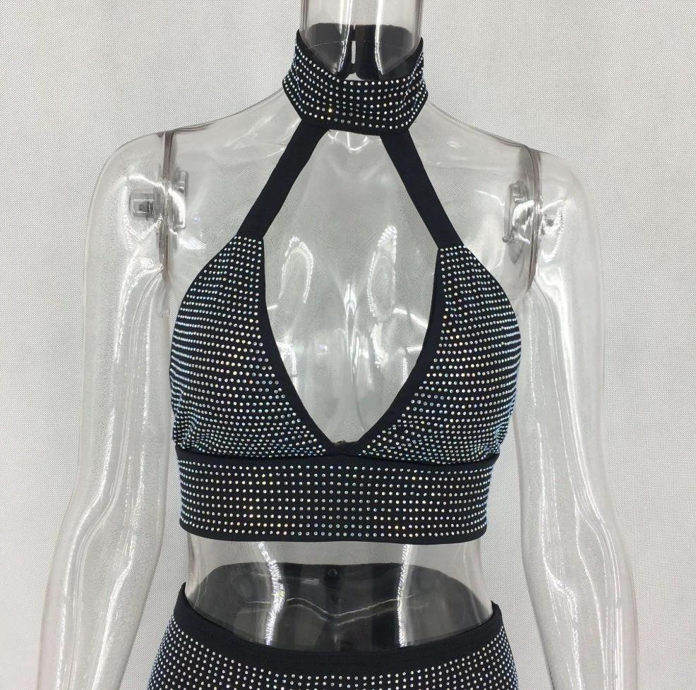 Conjunto de vestido de dos piezas con diamantes para mujeres