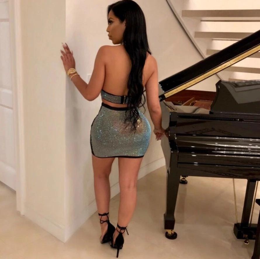 Conjunto de vestido de dos piezas con diamantes para mujeres