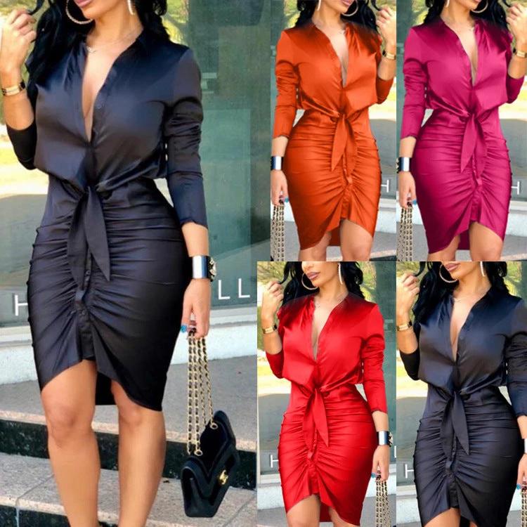 Robe midi à manches longues et lacée pour femmes élégante