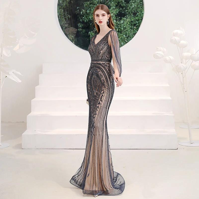 Vestido de cola de pez de lujo ligero para mujer en azul