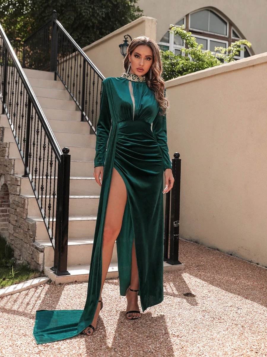 Vestido de Noche de Cuello Alto de Terciopelo Coreano para Mujeres