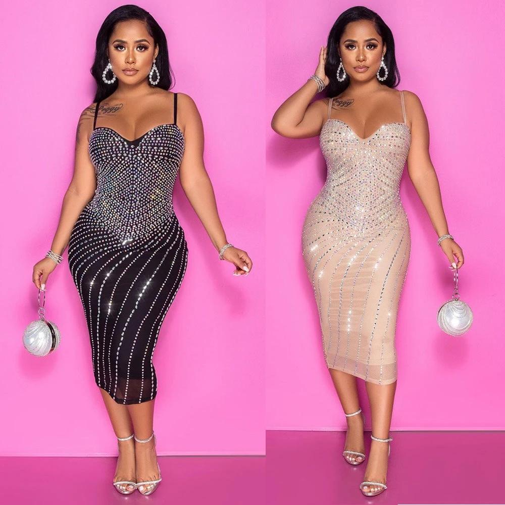 Vestido de Malla con Rhinestones para Mujeres con Tirantes Ajustados