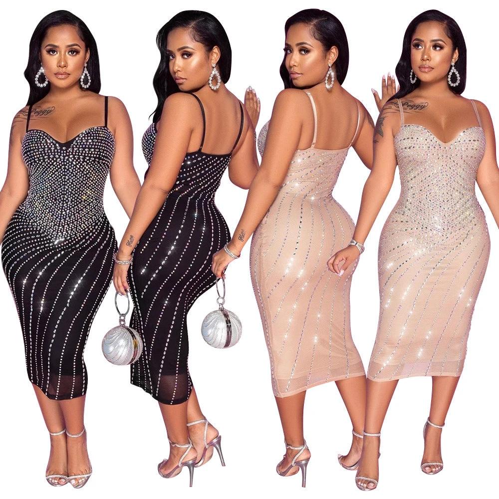 Vestido de Malla con Rhinestones para Mujeres con Tirantes Ajustados