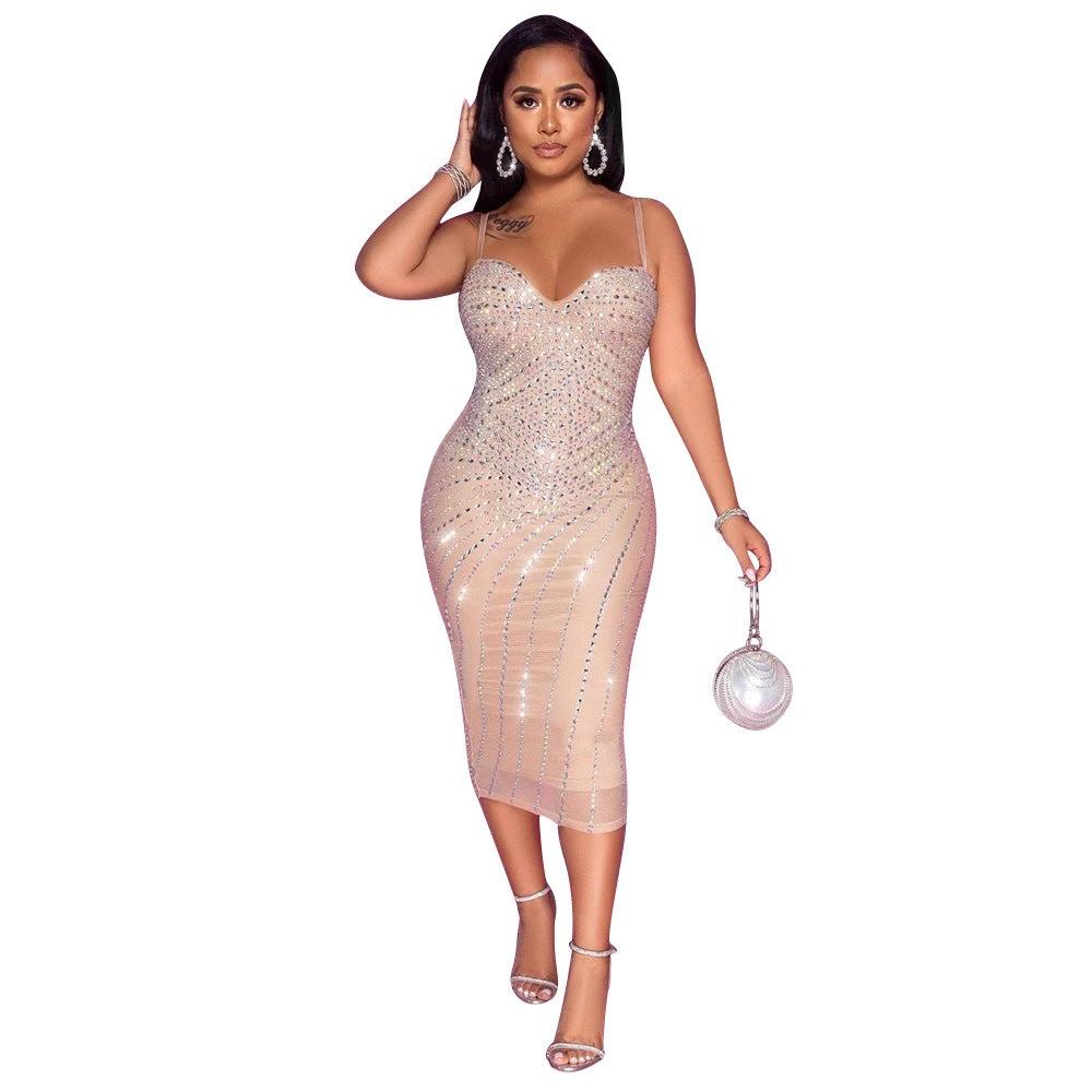 Vestido de Malla con Rhinestones para Mujeres con Tirantes Ajustados