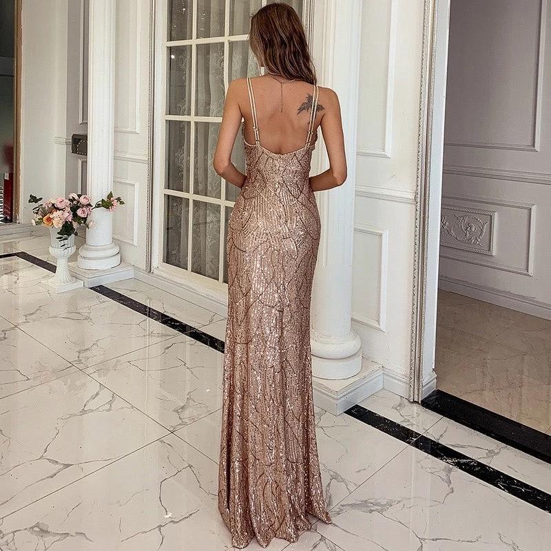 Elegante vestido maxi de tirantes espagueti con lentejuelas para mujer con escote en V