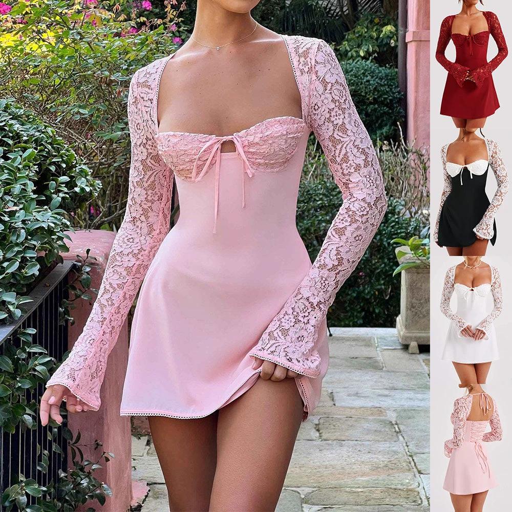 Y2K Lace Long Sleeve Dress with Corset Back