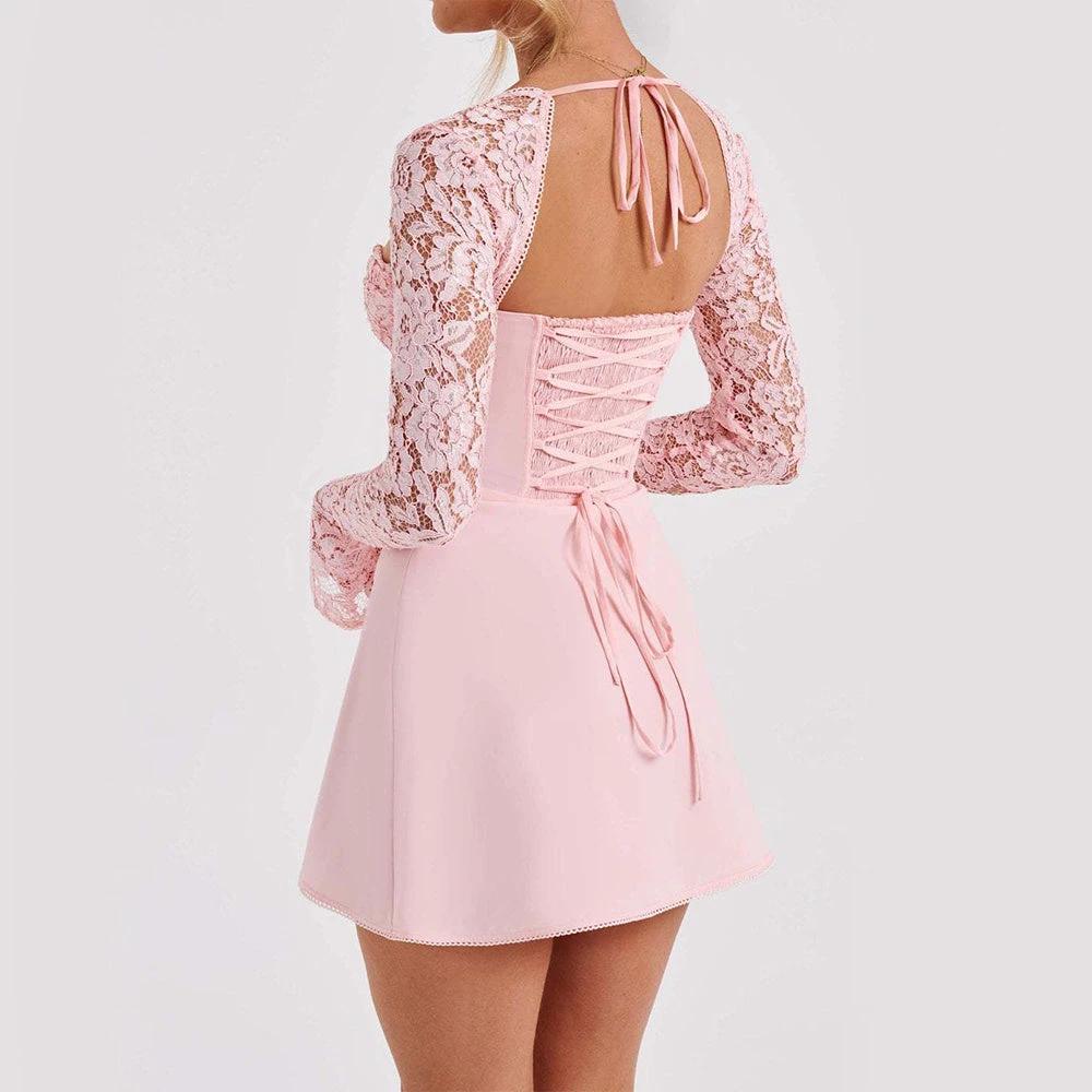 Y2K Lace Long Sleeve Dress with Corset Back