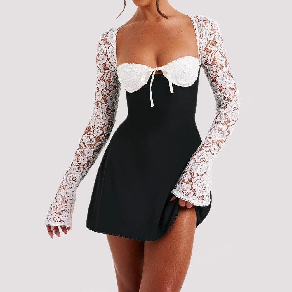 Y2K Lace Long Sleeve Dress with Corset Back