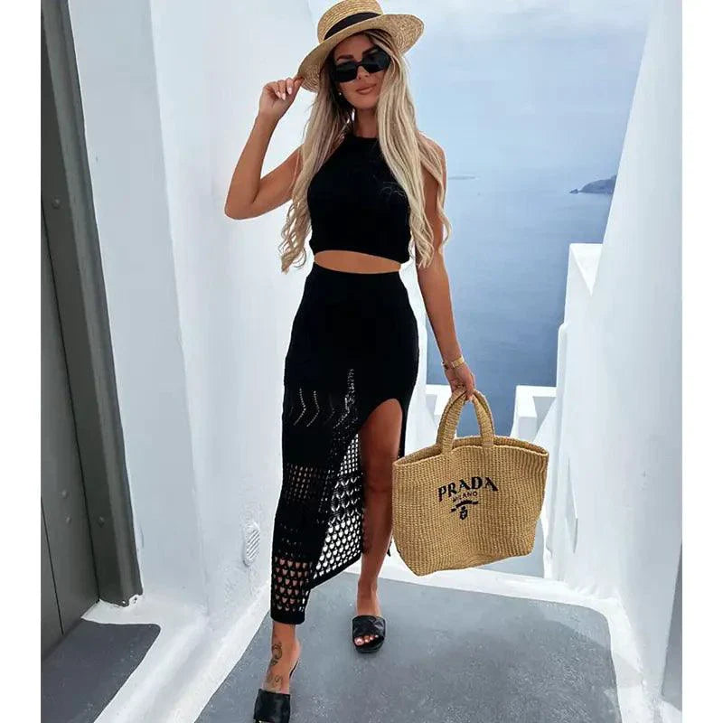 Coastal Chic Beach Knit Skirt Set - Effortless Style & Comfort